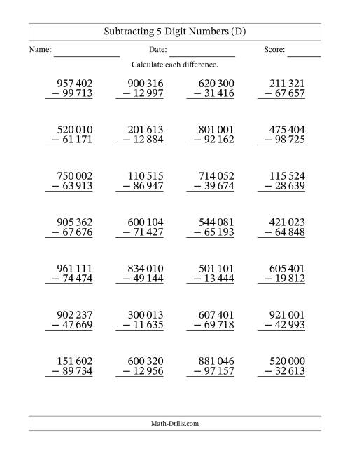 The Subtracting 5-Digit Numbers with All Regrouping with Space-Separated Thousands (D) Math Worksheet