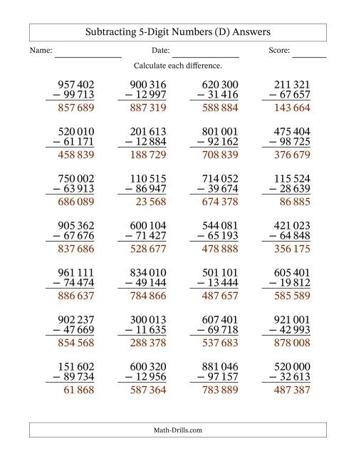 The Subtracting 5-Digit Numbers with All Regrouping with Space-Separated Thousands (D) Math Worksheet Page 2