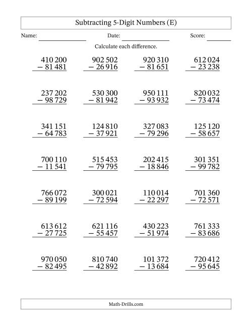 The Subtracting 5-Digit Numbers with All Regrouping with Space-Separated Thousands (E) Math Worksheet