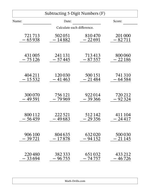 The Subtracting 5-Digit Numbers with All Regrouping with Space-Separated Thousands (F) Math Worksheet