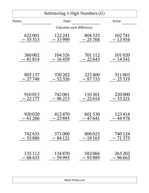 The Subtracting 5-Digit Numbers with All Regrouping with Space-Separated Thousands (G) Math Worksheet