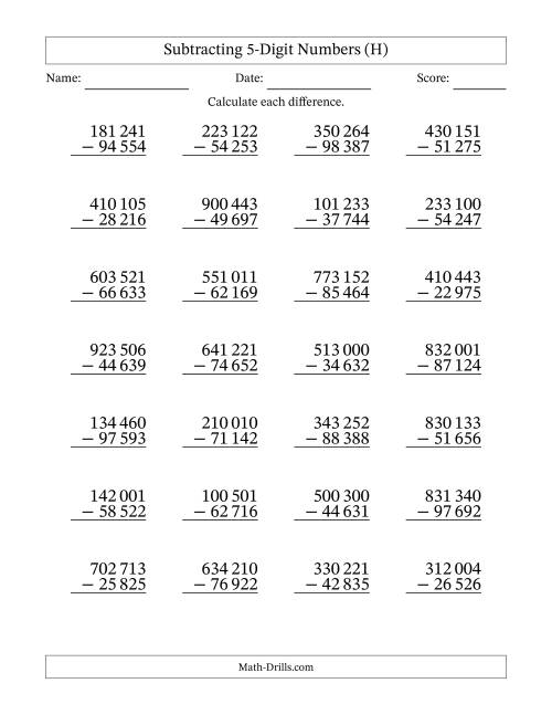 The Subtracting 5-Digit Numbers With All Regrouping (28 Questions) (Space Separated Thousands) (H) Math Worksheet