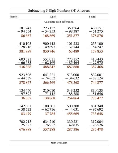 The Subtracting 5-Digit Numbers With All Regrouping (28 Questions) (Space Separated Thousands) (H) Math Worksheet Page 2