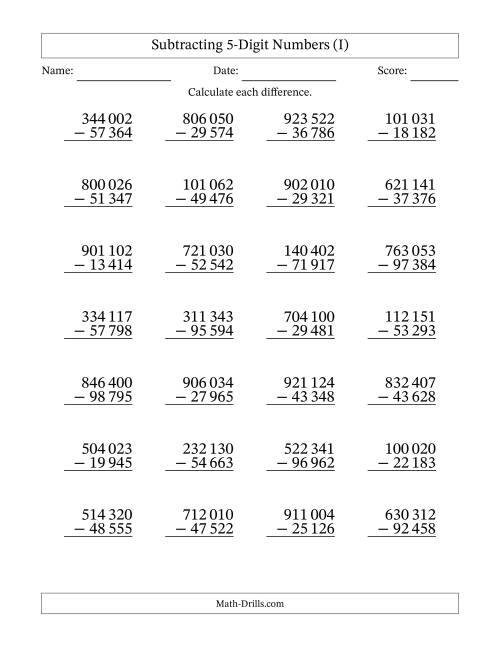The Subtracting 5-Digit Numbers With All Regrouping (28 Questions) (Space Separated Thousands) (I) Math Worksheet