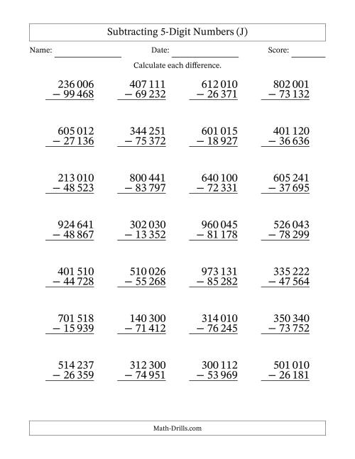 The Subtracting 5-Digit Numbers with All Regrouping with Space-Separated Thousands (J) Math Worksheet