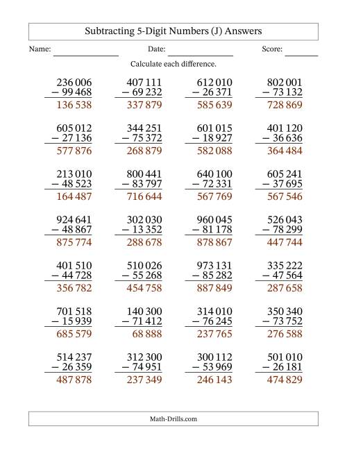 The Subtracting 5-Digit Numbers with All Regrouping with Space-Separated Thousands (J) Math Worksheet Page 2