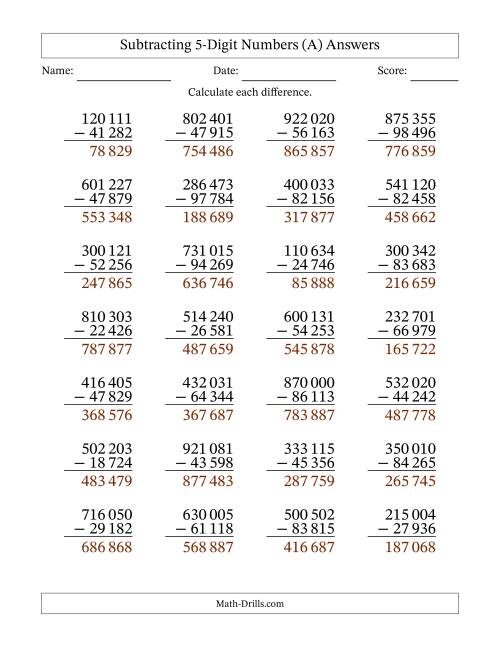 The Subtracting 5-Digit Numbers with All Regrouping with Space-Separated Thousands (All) Math Worksheet Page 2