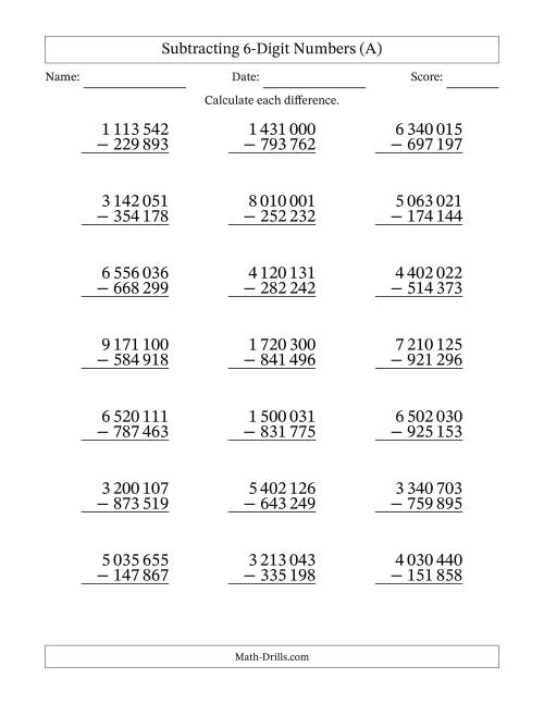 The Subtracting 6-Digit Numbers with All Regrouping with Space-Separated Thousands (A) Math Worksheet