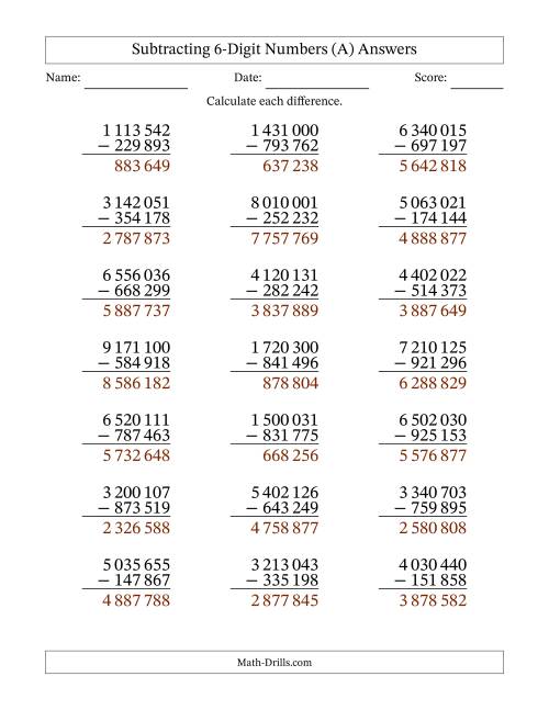 The Subtracting 6-Digit Numbers With All Regrouping (21 Questions) (Space Separated Thousands) (A) Math Worksheet Page 2