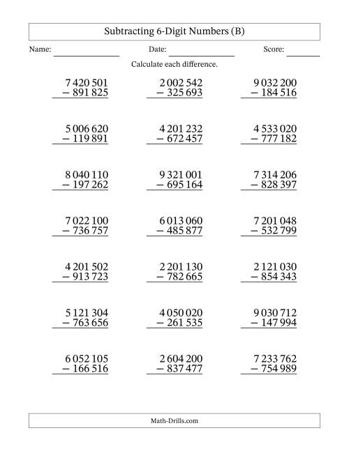 The Subtracting 6-Digit Numbers With All Regrouping (21 Questions) (Space Separated Thousands) (B) Math Worksheet