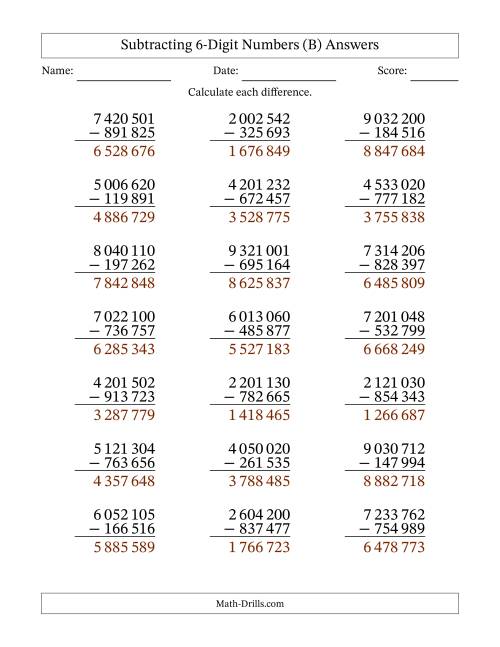 The Subtracting 6-Digit Numbers With All Regrouping (21 Questions) (Space Separated Thousands) (B) Math Worksheet Page 2