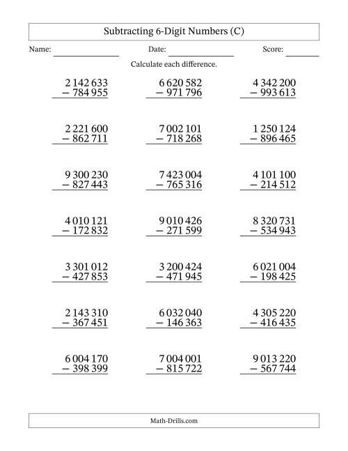 The Subtracting 6-Digit Numbers with All Regrouping with Space-Separated Thousands (C) Math Worksheet