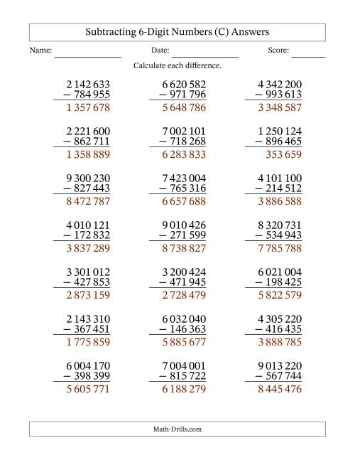 The Subtracting 6-Digit Numbers with All Regrouping with Space-Separated Thousands (C) Math Worksheet Page 2
