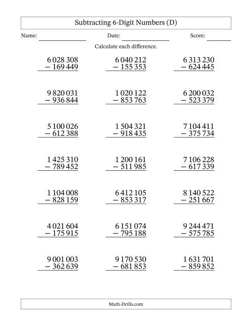 The Subtracting 6-Digit Numbers with All Regrouping with Space-Separated Thousands (D) Math Worksheet