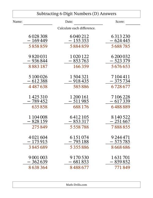 The Subtracting 6-Digit Numbers with All Regrouping with Space-Separated Thousands (D) Math Worksheet Page 2