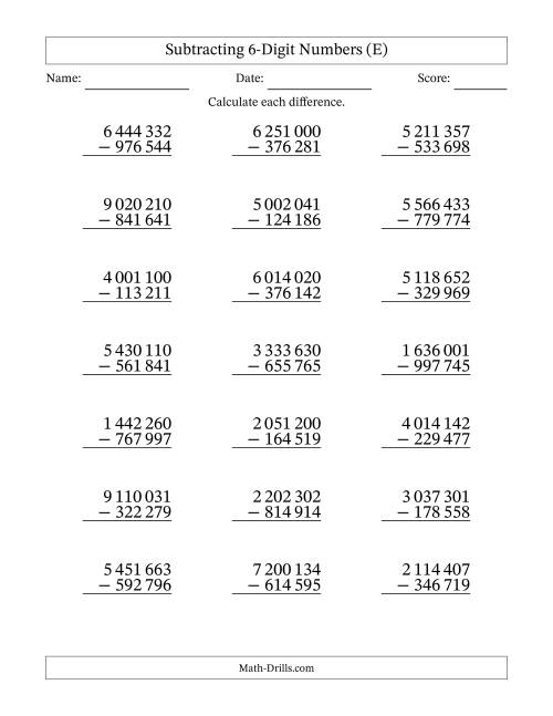 The Subtracting 6-Digit Numbers With All Regrouping (21 Questions) (Space Separated Thousands) (E) Math Worksheet