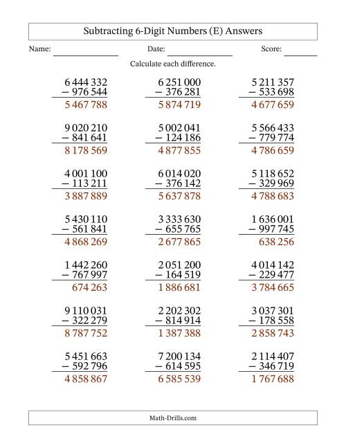 The Subtracting 6-Digit Numbers with All Regrouping with Space-Separated Thousands (E) Math Worksheet Page 2