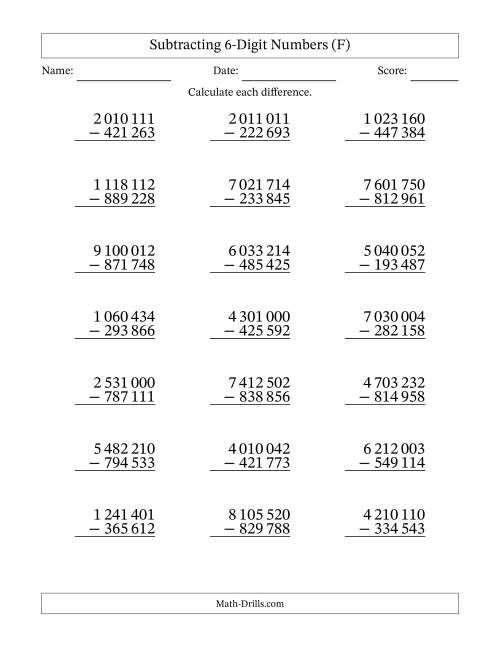 The Subtracting 6-Digit Numbers with All Regrouping with Space-Separated Thousands (F) Math Worksheet