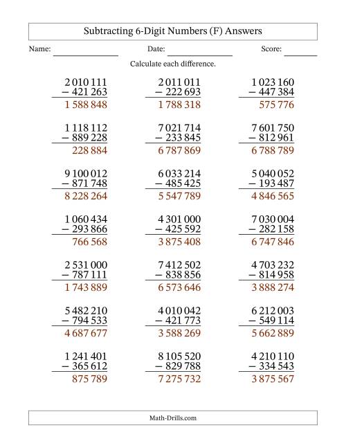 The Subtracting 6-Digit Numbers With All Regrouping (21 Questions) (Space Separated Thousands) (F) Math Worksheet Page 2