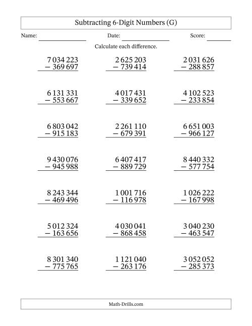 The Subtracting 6-Digit Numbers with All Regrouping with Space-Separated Thousands (G) Math Worksheet