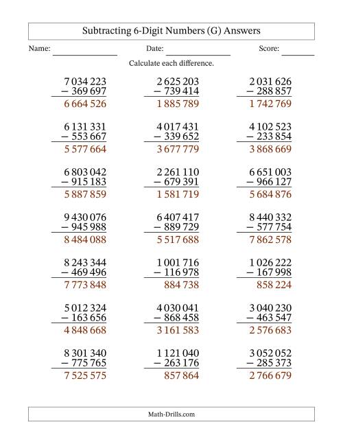 The Subtracting 6-Digit Numbers With All Regrouping (21 Questions) (Space Separated Thousands) (G) Math Worksheet Page 2