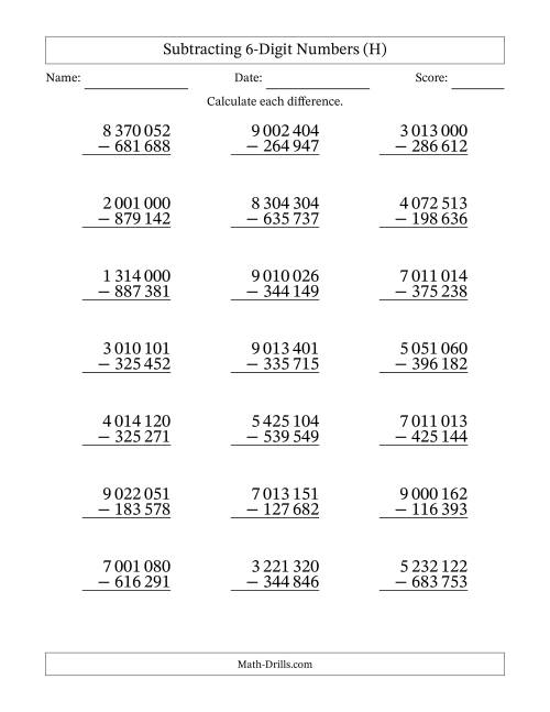 The Subtracting 6-Digit Numbers with All Regrouping with Space-Separated Thousands (H) Math Worksheet
