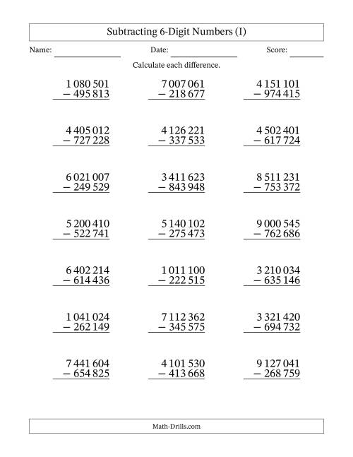 The Subtracting 6-Digit Numbers With All Regrouping (21 Questions) (Space Separated Thousands) (I) Math Worksheet