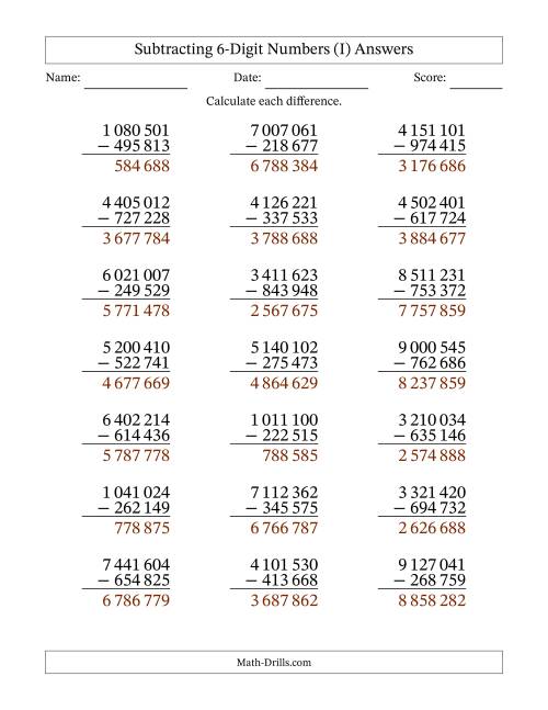 The Subtracting 6-Digit Numbers With All Regrouping (21 Questions) (Space Separated Thousands) (I) Math Worksheet Page 2