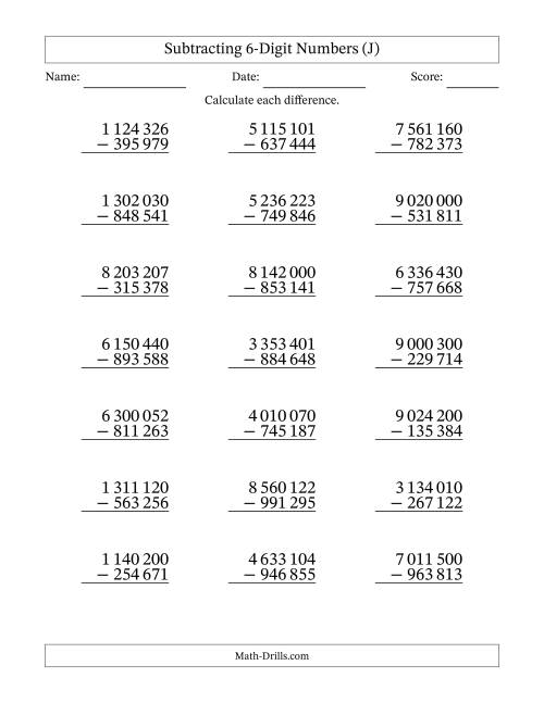 The Subtracting 6-Digit Numbers With All Regrouping (21 Questions) (Space Separated Thousands) (J) Math Worksheet