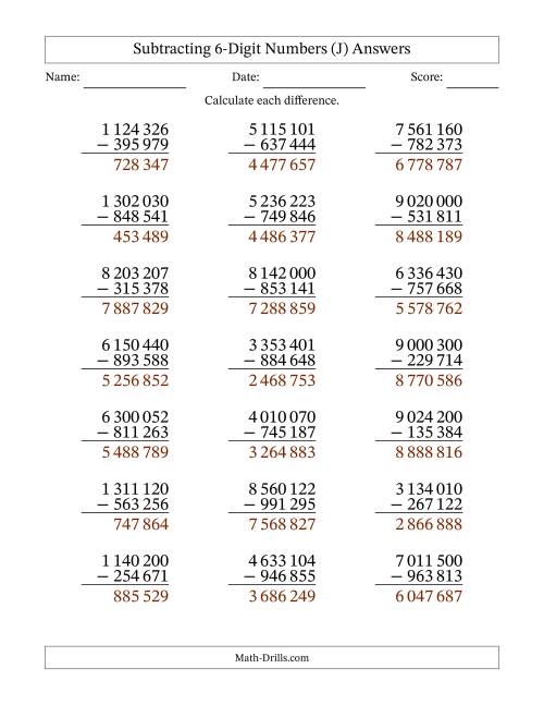 The Subtracting 6-Digit Numbers With All Regrouping (21 Questions) (Space Separated Thousands) (J) Math Worksheet Page 2