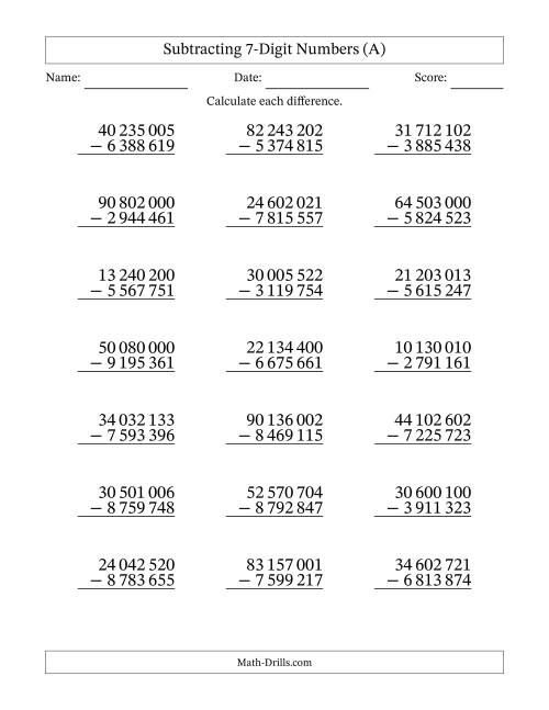 The Subtracting 7-Digit Numbers with All Regrouping with Space-Separated Thousands (A) Math Worksheet