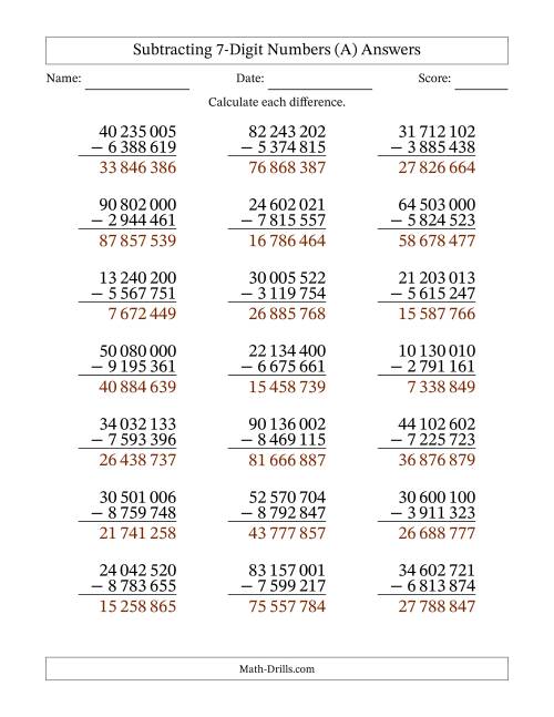 The Subtracting 7-Digit Numbers with All Regrouping with Space-Separated Thousands (A) Math Worksheet Page 2
