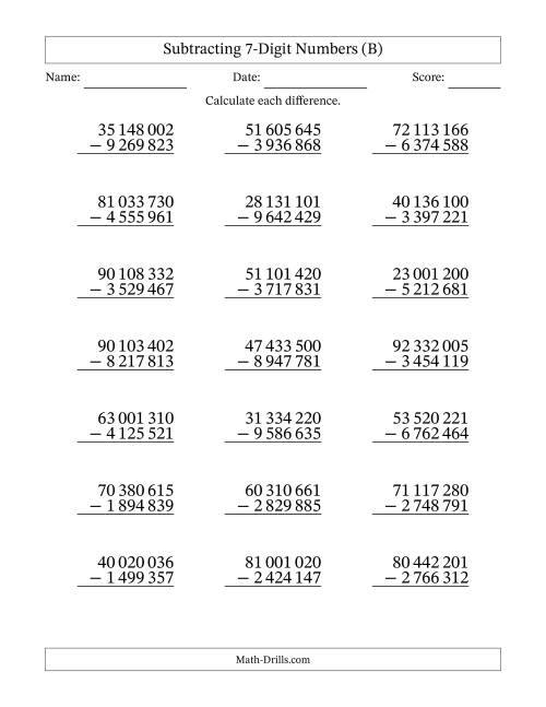 The Subtracting 7-Digit Numbers With All Regrouping (21 Questions) (Space Separated Thousands) (B) Math Worksheet