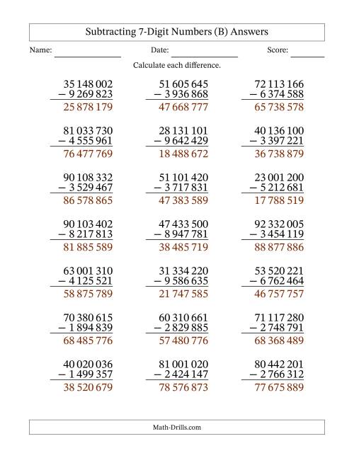 The Subtracting 7-Digit Numbers With All Regrouping (21 Questions) (Space Separated Thousands) (B) Math Worksheet Page 2