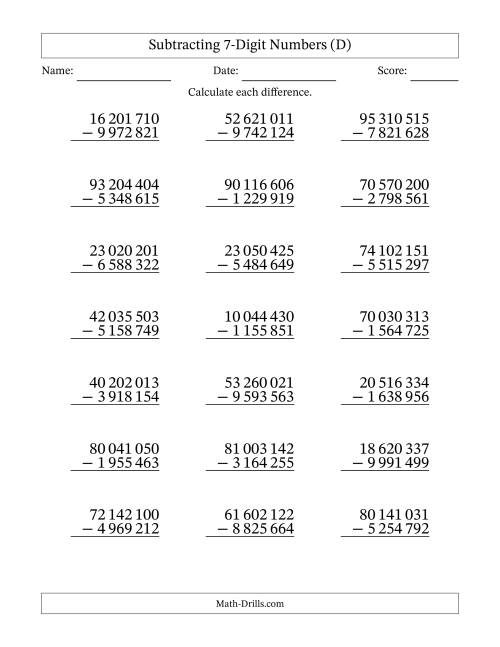 The Subtracting 7-Digit Numbers With All Regrouping (21 Questions) (Space Separated Thousands) (D) Math Worksheet