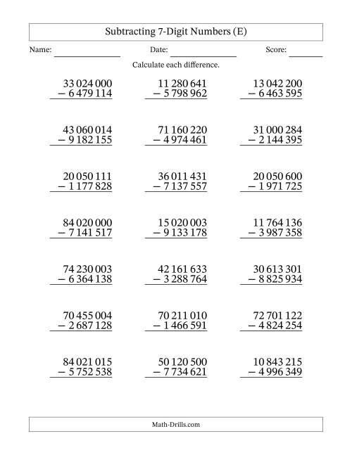 The Subtracting 7-Digit Numbers With All Regrouping (21 Questions) (Space Separated Thousands) (E) Math Worksheet