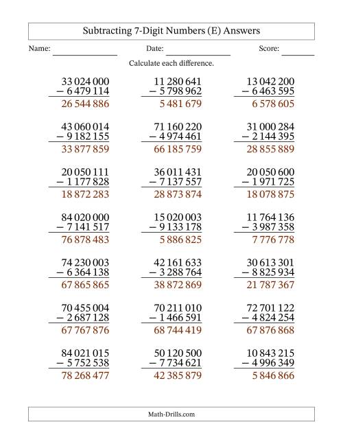 The Subtracting 7-Digit Numbers With All Regrouping (21 Questions) (Space Separated Thousands) (E) Math Worksheet Page 2
