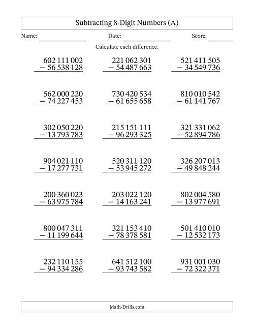 The Subtracting 8-Digit Numbers With All Regrouping (21 Questions) (Space Separated Thousands) (A) Math Worksheet