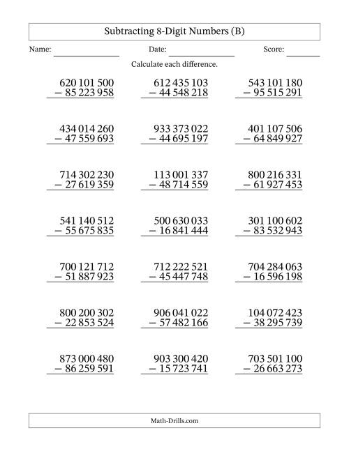The Subtracting 8-Digit Numbers with All Regrouping with Space-Separated Thousands (B) Math Worksheet