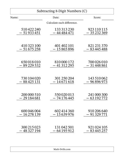 The Subtracting 8-Digit Numbers With All Regrouping (21 Questions) (Space Separated Thousands) (C) Math Worksheet