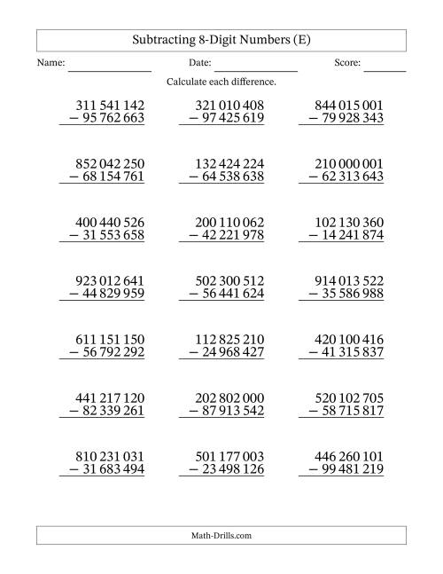The Subtracting 8-Digit Numbers With All Regrouping (21 Questions) (Space Separated Thousands) (E) Math Worksheet