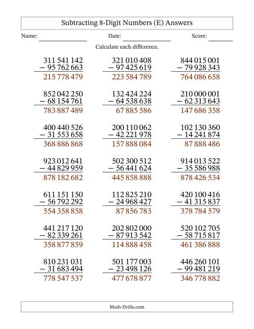 The Subtracting 8-Digit Numbers With All Regrouping (21 Questions) (Space Separated Thousands) (E) Math Worksheet Page 2