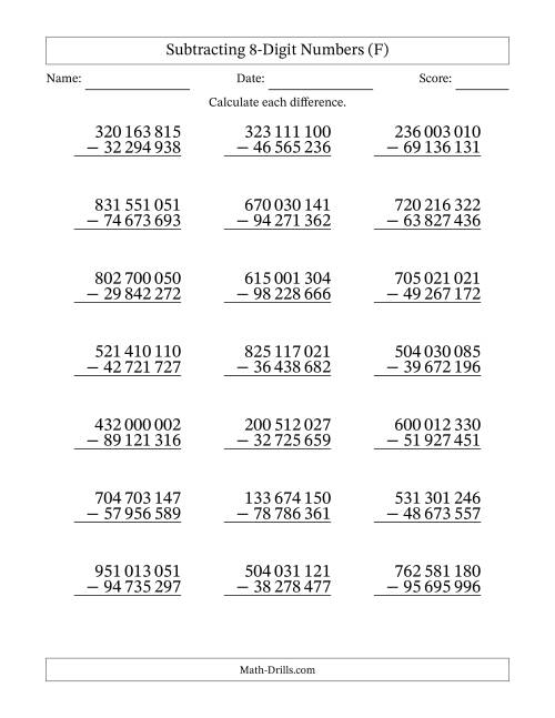 The Subtracting 8-Digit Numbers with All Regrouping with Space-Separated Thousands (F) Math Worksheet