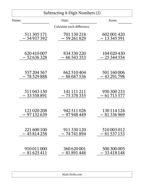 The Subtracting 8-Digit Numbers with All Regrouping with Space-Separated Thousands (J) Math Worksheet