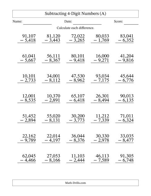 The Subtracting 4-Digit Numbers with All Regrouping with Comma-Separated Thousands (A) Math Worksheet