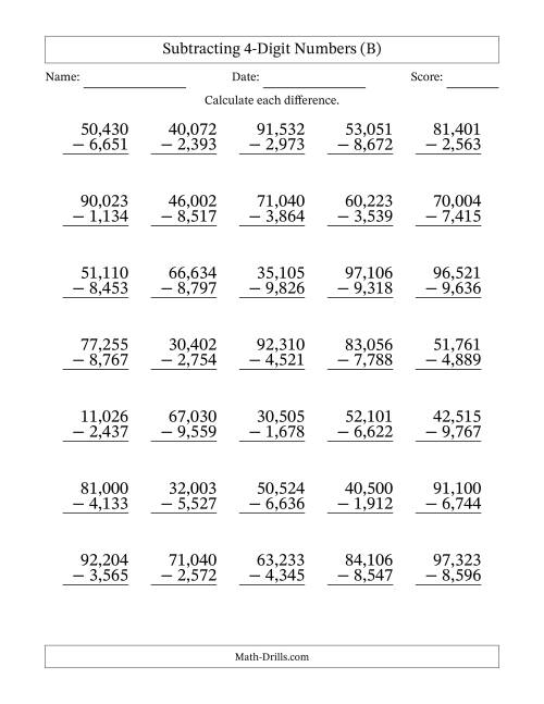The Subtracting 4-Digit Numbers With All Regrouping (35 Questions) (Comma Separated Thousands) (B) Math Worksheet