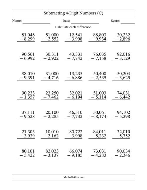 The Subtracting 4-Digit Numbers With All Regrouping (35 Questions) (Comma Separated Thousands) (C) Math Worksheet