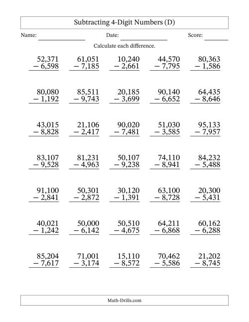 The Subtracting 4-Digit Numbers With All Regrouping (35 Questions) (Comma Separated Thousands) (D) Math Worksheet