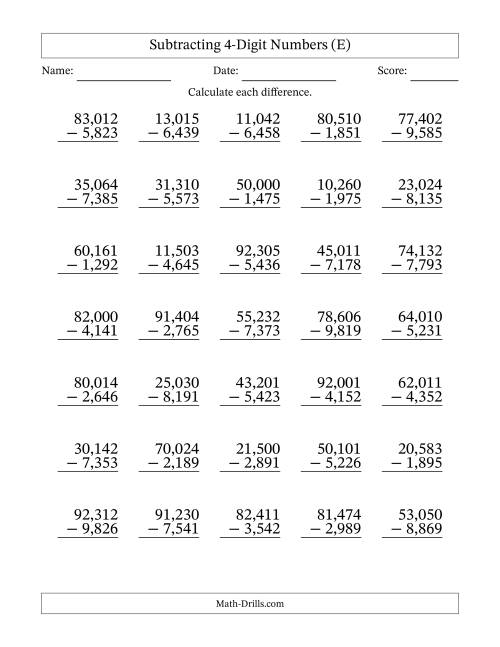 The Subtracting 4-Digit Numbers With All Regrouping (35 Questions) (Comma Separated Thousands) (E) Math Worksheet