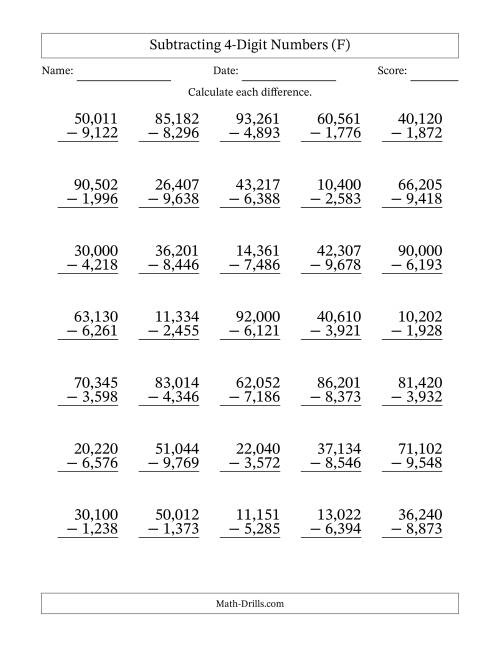 The Subtracting 4-Digit Numbers With All Regrouping (35 Questions) (Comma Separated Thousands) (F) Math Worksheet